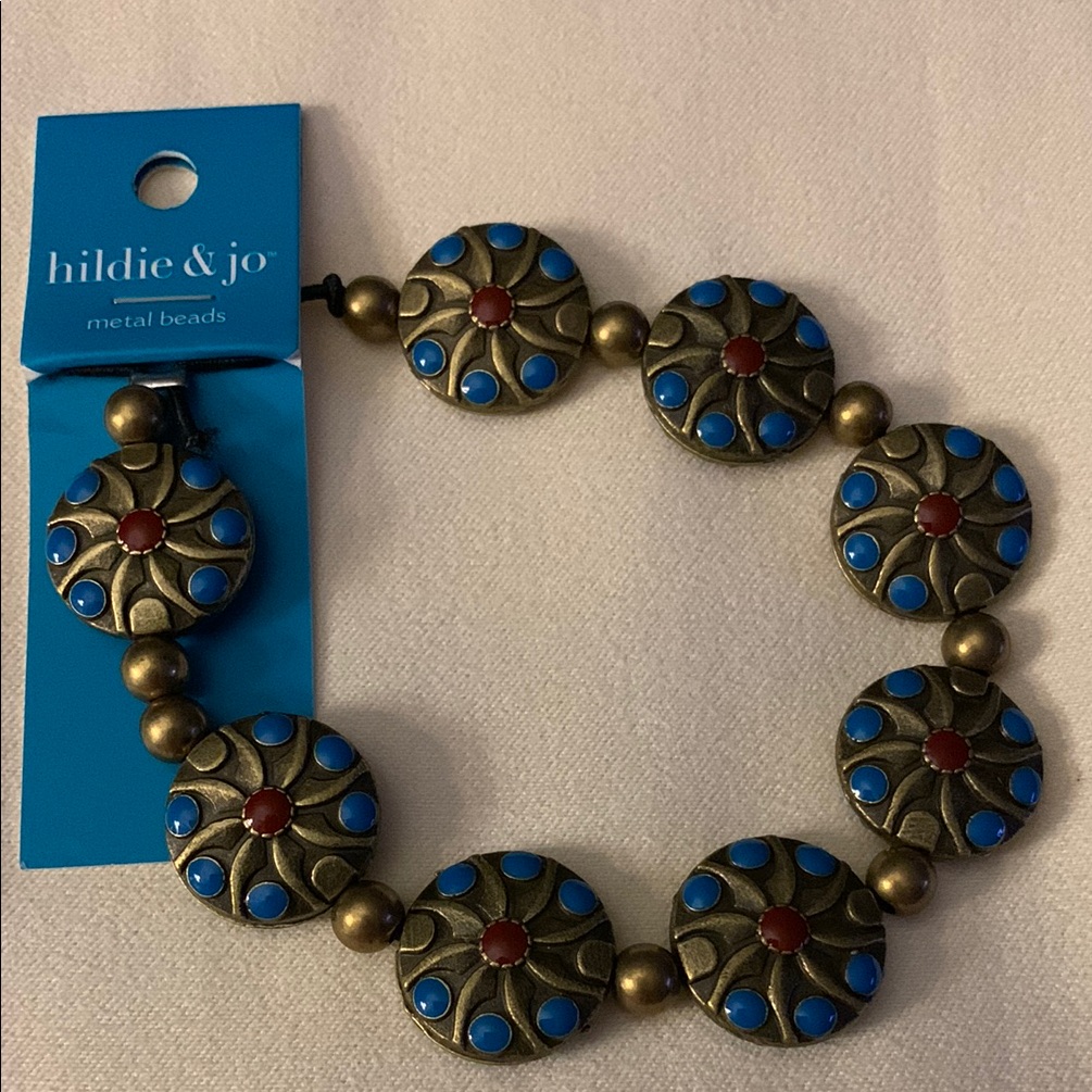 Hildie Jo BlueBrownAntique Gold Tone Metal Beaded Bracelet -Nwt 12$